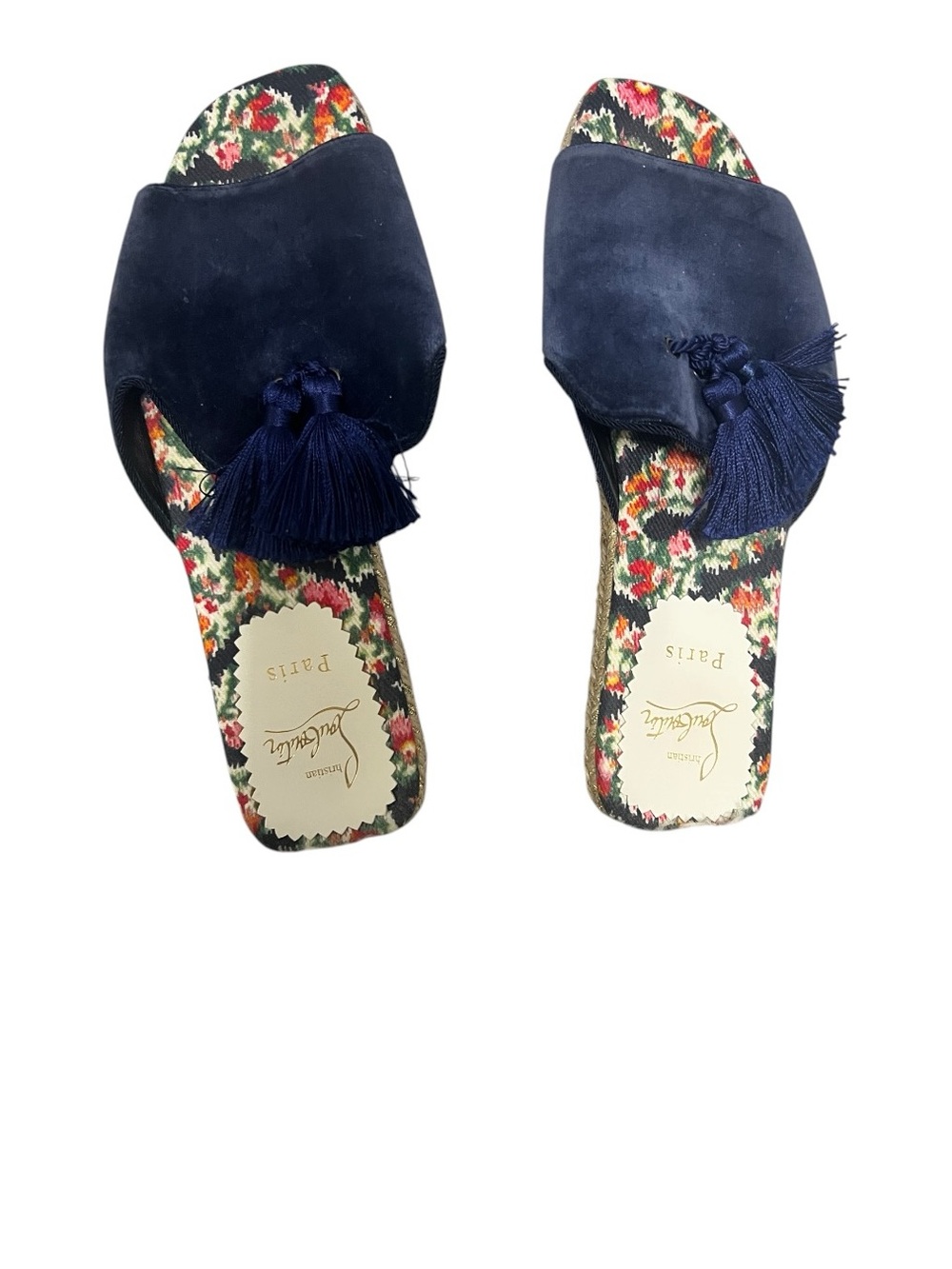 Christian Louboutin velvet Navy Tassel Floral-Print Slide Mules sz 39
